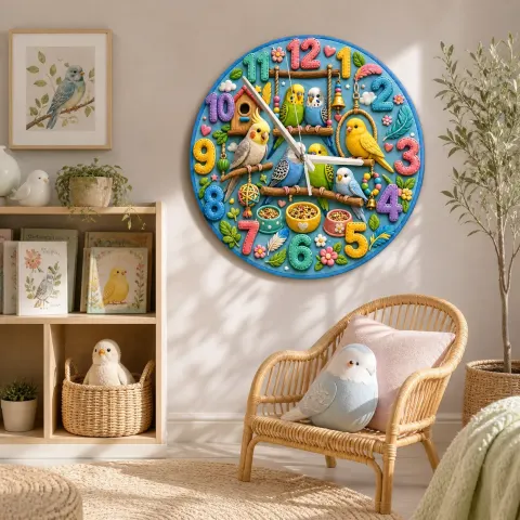 Verspielte Haustier-Vögel und Sittiche Wanduhr für Kinderzimmer | Bunte Vogelhaus-Kinderzimmer Dekoration, Geschenk zum Geburtstag (34,5 cm)