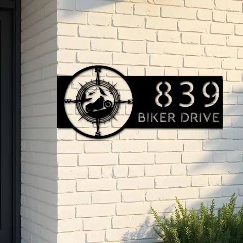 Custom Metal Motorcycle mountain compass Biker Metal Address Sign, House number, Outdoor Number Signage, Yard Sign Address Plate