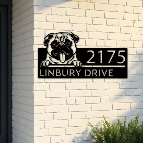 Custom Metal Pug Dog Cute puppy Metal Address Sign House number Hanging Address Plaque Yard Sign Outdoor decor