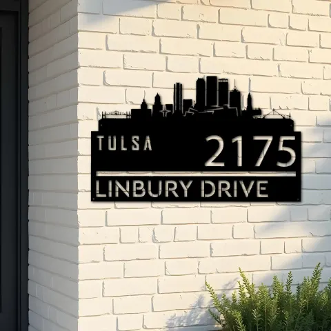 Custom Metal Tulsa city skyline Metal Address Sign Hanging Address Plaque house number Yard Outdoor Sign
