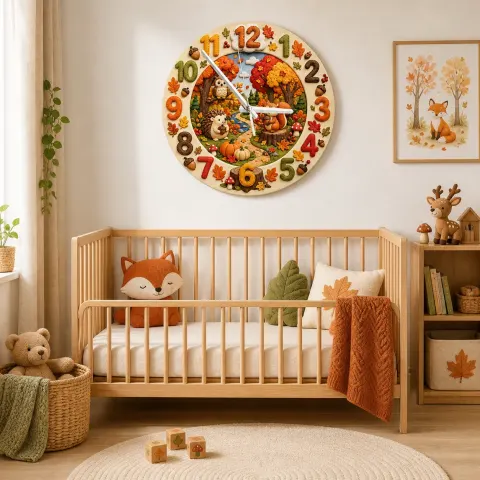 Herbst Waldtiere Kinderzimmer Wanduhr | Herbstwald Babyzimmer Dekor, Geschenkidee zur Babyparty und Geburtstagsgeschenk (34,5 cm) alternative Ansicht