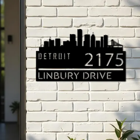 Vue alternative de Custom Metal Detroit city skyline Metal Address Sign Hanging Address Plaque house number Yard Outdoor Sign