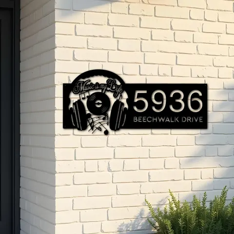Custom Metal Music is my life headset Metal Address Sign Custom House number Hanging Address Plaque Yard Sign Outdoor