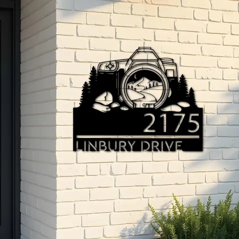 Custom Metal Camera mountain scene photography Metal Address Sign, House number, Outdoor Number Signage, Yard Sign Address Plate