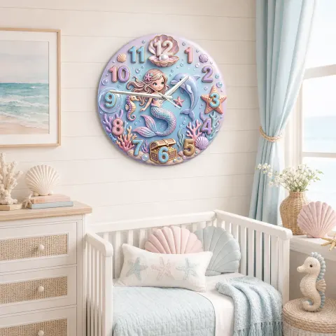 Magische Meerjungfrau und Delfin Wanduhr für Kinderzimmer | Pastell Ozean Dekor für das Kinderzimmer, Andenken für Mädchen (34,5 cm) alternative Ansicht