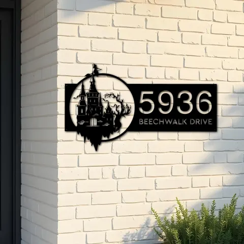 Custom Metal Haunted Castle Flying Witch Halloween Metal Address Sign House number Hanging Address Plaque Yard Sign Outdoor