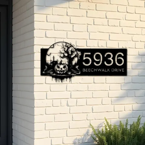 Custom Metal Haunted scene halloween pumpkin Metal Address Sign Custom House number Hanging Address Plaque Yard Outdoor Sign