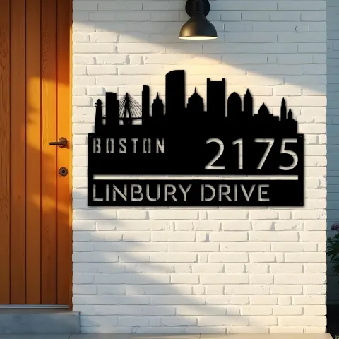 Vista alternativa de Custom Metal Boston city skyline Metal Address Sign Hanging Address Plaque house number Yard Outdoor Sign