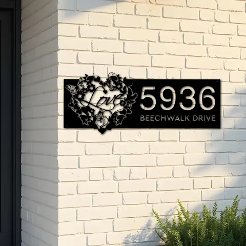 Custom Metal Floral Love heart butterfly Metal Address Sign, House number, Outdoor Number Signage, Yard Sign Address Plate