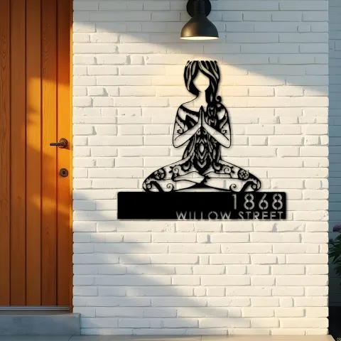 Vista alternativa de Custom Metal Yoga Girl in hippie style Metal Address Sign, House number, Outdoor Number Signage, Yard Sign Address Plate
