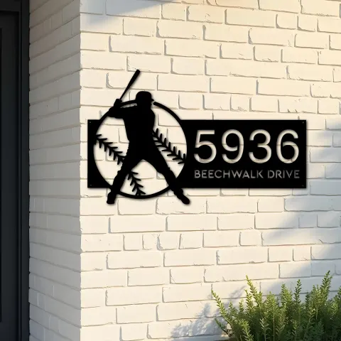 Custom Metal Baseball player Sport Metal Address Sign, House number, Outdoor Number Signage, Yard Sign Address Plate002