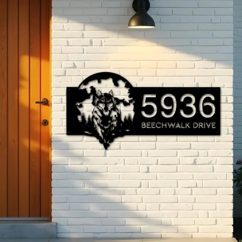 Vista alternativa de Custom Metal Wolf on full moon Metal Address Sign, House number, Outdoor Number Signage, Yard Sign Address Plate
