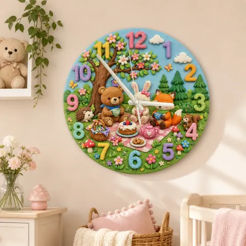 Wanduhr mit Waldtieren beim Teeparty für das Kinderzimmer | Verspielte Wald-Dekoration, süßes Erinnerungsstück zur Babyparty und zum Geburtstag (34,5 cm)