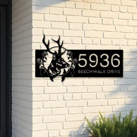 Custom Metal Floral deer head Metal Address Sign, House number, Outdoor Number Signage, Yard Sign Address Plate