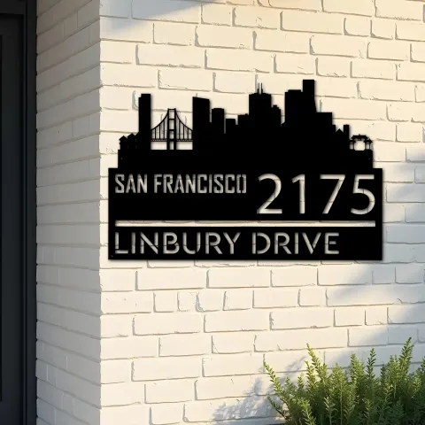 Custom Metal San Francisco city skyline Metal Address Sign Hanging Address Plaque house number Yard Outdoor Sign