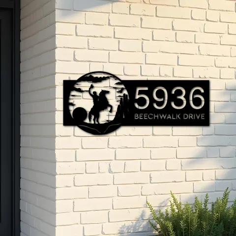 Custom Metal Greeting Cowboy on Horse on Sunrise Metal Address Sign, House number, Outdoor Number Signage, Yard Sign Address Plate