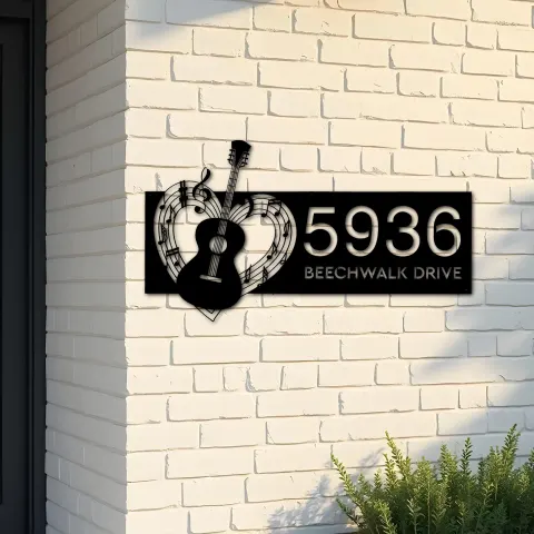 Custom Metal Love Guitar music notes Guitarist Metal Address Sign, House number, Outdoor Number Signage, Yard Sign Address Plate