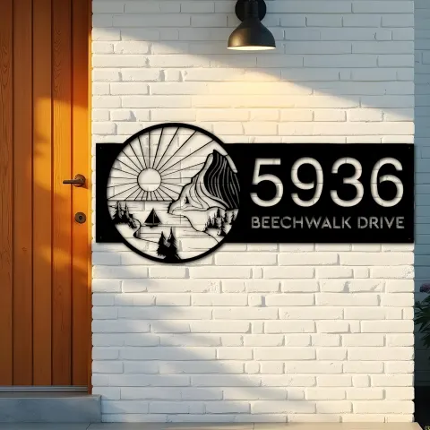 Vista alternativa de Custom Metal Sun mountain river scene Metal Address Sign, House number, Outdoor Number Signage, Yard Sign Address Plate