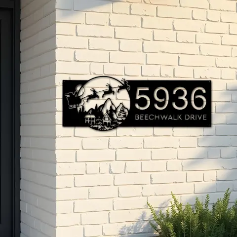Custom Metal Christmas Santa Claus on sleigh reindeer Metal Address Sign, House number, Outdoor Number Signage, Yard Sign Address Plate