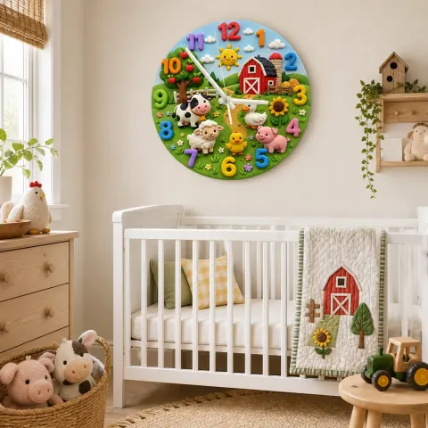 Bauernhof Tiere Scheune Wanduhr für Kinderzimmer | Verspielte Babyzimmer Dekoration, Andenken Geschenk zum Geburtstag für Jungen und Mädchen (34,5 cm)
