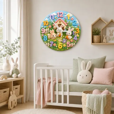 Pastell Hase Garten Wanduhr für Kinderzimmer | Verspielt Waldtier Kinderzimmer Dekoration, Süßes Geschenk für Mädchenzimmer (34,5 cm) alternative Ansicht