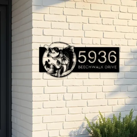 Custom Metal Bass fishing rod bait hook Metal Address Sign, House number, Outdoor Number Signage, Yard Sign Address Plate
