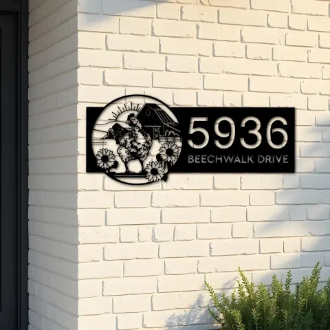 Custom Metal Chicken Rooster farm animal ranch Metal Address Sign, House number, Outdoor Number Signage, Yard Sign Address Plate