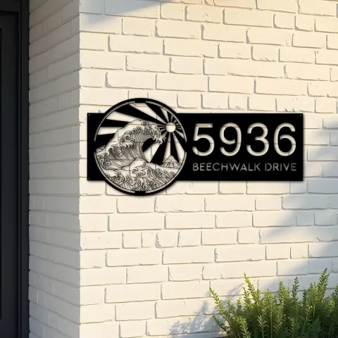 Custom Metal Japan Water Ocean Wave scene Metal Address Sign, House number, Outdoor Number Signage, Yard Sign Address Plate