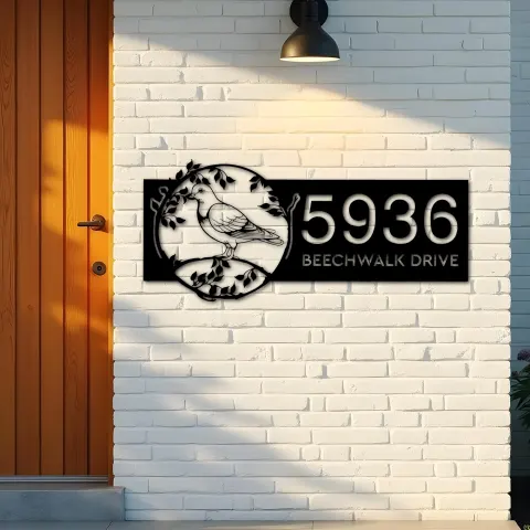 Vista alternativa de Custom Metal Pigeon bird on tree branch Metal Address Sign Custom Hanging Address Plaque House number Yard Sign Outdoor Sign