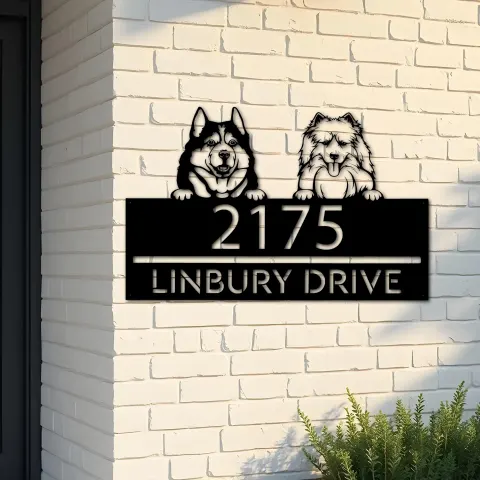 Custom Metal Husky and samoyed dog Puppy Metal Address Sign House number Hanging Address Plaque Yard Sign Outdoor decor