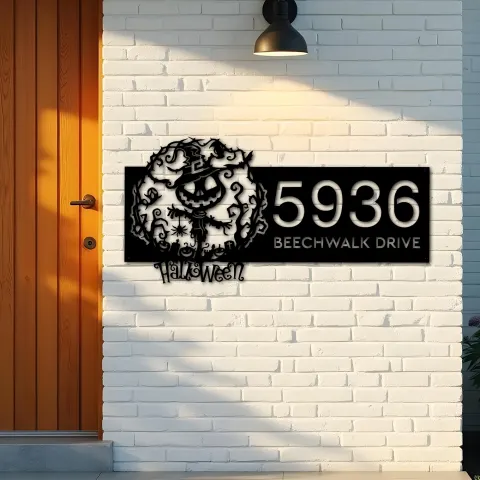Vista alternativa de Custom Metal Scarecrow Halloween Metal Address Sign House number Hanging Address Plaque Yard Outdoor Sign