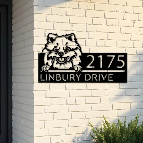 Custom Metal Pomeranian dog Cute puppy Metal Address Sign House number Hanging Address Plaque Yard Sign Outdoor decor
