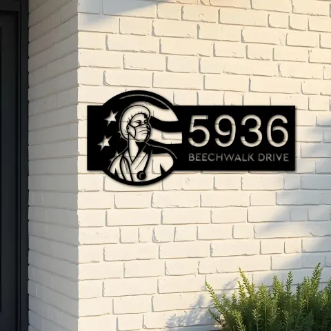 Custom Metal Nurse Looking Up USA Flag Metal Address Sign, House number, Outdoor Number Signage, Yard Sign Address Plate
