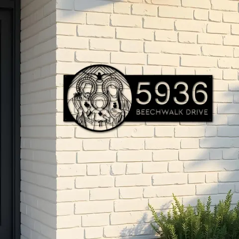 Custom Metal Holy Family Chritian Jesus Christ Metal Address Sign, House number, Outdoor Number Signage, Yard Sign Address Plate