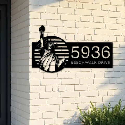Custom Metal Statue of liberty US flag 4th July Metal Address Sign, House number, Outdoor Number Signage, Yard Sign Address Plate