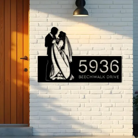 Vista alternativa de Custom Metal Couple Dancing bride and groom Metal Address Sign, House number, Outdoor Number Signage, Yard Sign Address Plate
