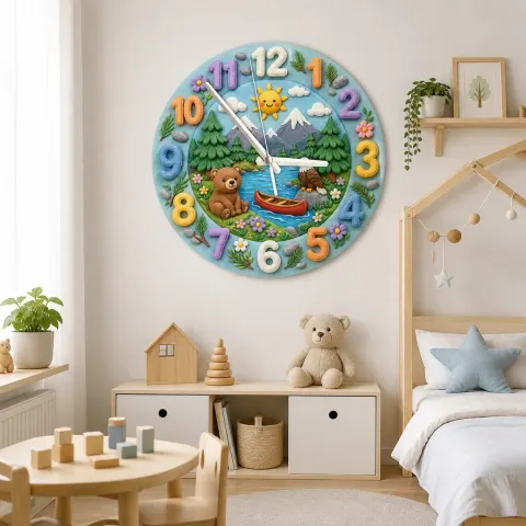 Waldtier Bär Kinderzimmer Wanduhr | Bergsee Babyzimmer Dekor, Wandkunst für Jungenzimmer & Geschenk zur Babyparty (34,5 cm) alternative Ansicht