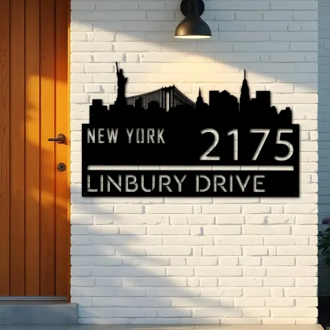 Vue alternative de Custom Metal New York city skyline Metal Address Sign Hanging Address Plaque house number Yard Outdoor Sign