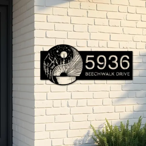 Custom Metal Yin Yang sun and moon Metal Address Sign, House number, Outdoor Number Signage, Yard Sign Address Plate