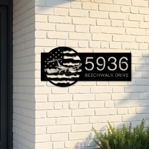 Custom Metal Cargo Plane transport airplane US flag Metal Address Sign House number Hanging Address Plaque Yard Sign Outdoor