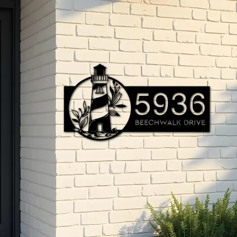 Custom Metal Floral lighthouse Metal Address Sign, House number, Outdoor Number Signage, Yard Sign Address Plate