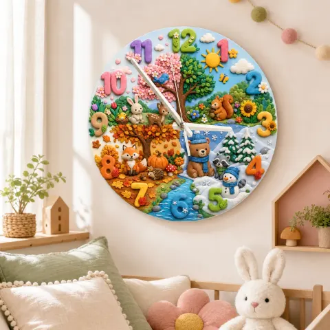 Wanduhr mit Waldtieren für das Kinderzimmer | Verspielte Natur-Dekoration für das Babyzimmer, Erinnerungsstück zur Babyparty (34,5 cm)