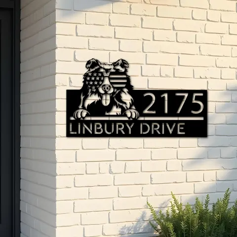 Custom Metal Collie dog US flag glasses Metal Address Sign House number Hanging Address Plaque Yard Sign Outdoor decor