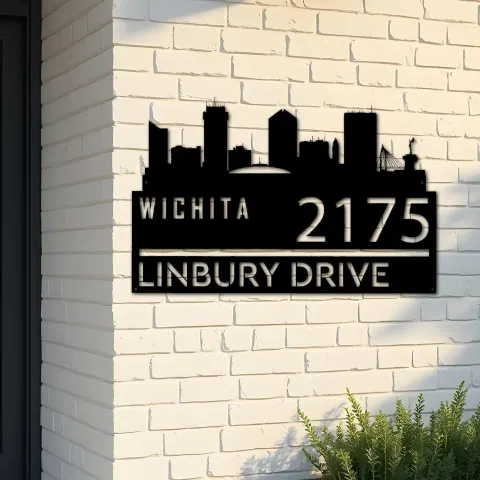 Custom Metal Wichita city skyline Metal Address Sign Hanging Address Plaque house number Yard Outdoor Sign