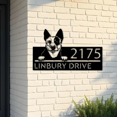 Custom Metal Australian Cattle dog Puppy Metal Address Sign House number Hanging Address Plaque Yard Sign Outdoor decor