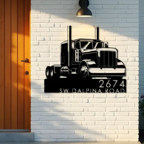 Vista alternativa de Custom Metal Trucker semi truck driver Metal Address Sign, House number, Outdoor Number Signage, Yard Sign Address Plate