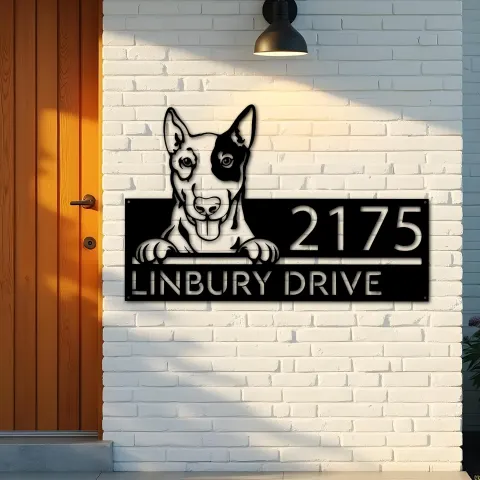 Vue alternative de Custom Metal English Bullterrier dog Puppy Metal Address Sign House number Hanging Address Plaque Yard Sign Outdoor decor