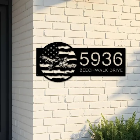 Custom Metal A 10 airplane US flag Metal Address Sign House number Hanging Address Plaque Yard Sign Outdoor