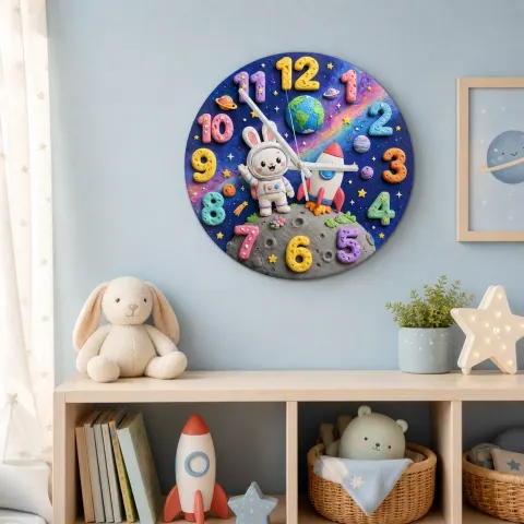 Wanduhren für Kinderzimmer mit Astronauten-Hase | Magische Galaxie-Krippe-Dekoration, Spielzimmer-Geburtstagsgeschenk für Jungen & Mädchen (34,5 cm)