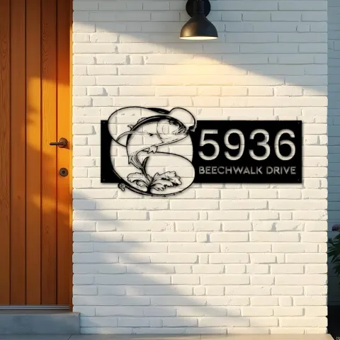 Vista alternativa de Custom Metal Trevally fishing rod bait hook Metal Address Sign, House number, Outdoor Number Signage, Yard Sign Address Plate